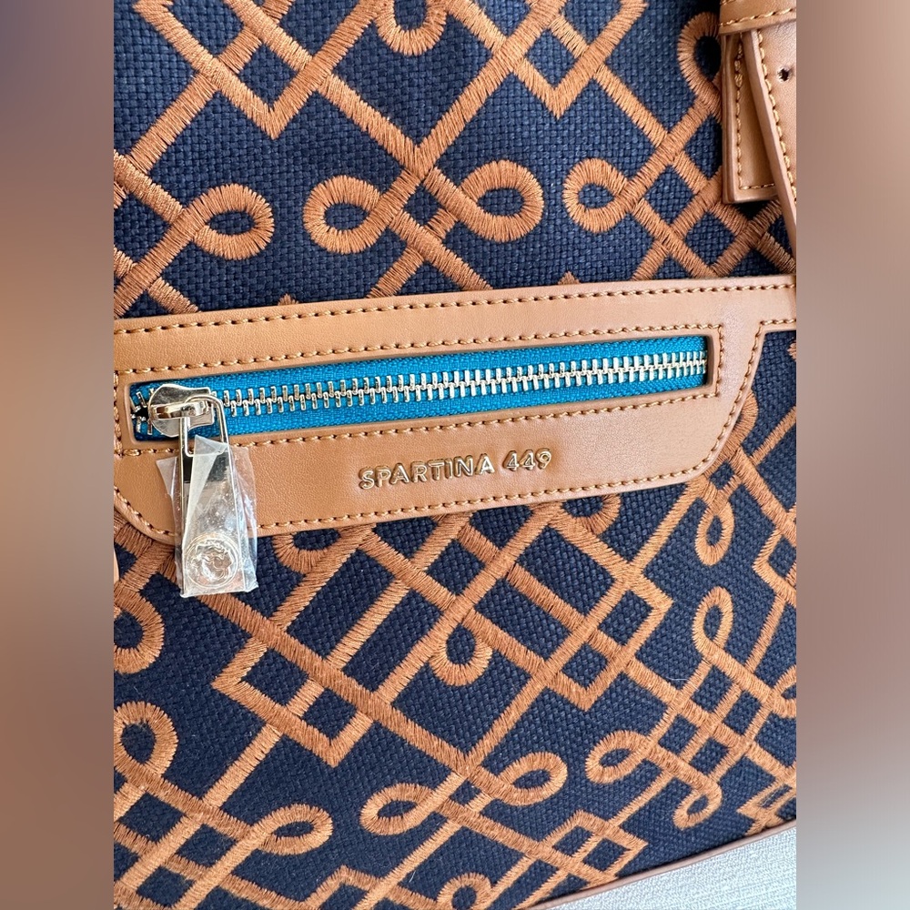New Spartina 449 Mareena Avery Navy/Tan Leather/ Natural Linen Tote Purse - Picture 2 of 13